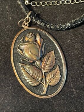 Vintage International Silver Large Rose Oval Pendant Cord Necklace Floral Signed